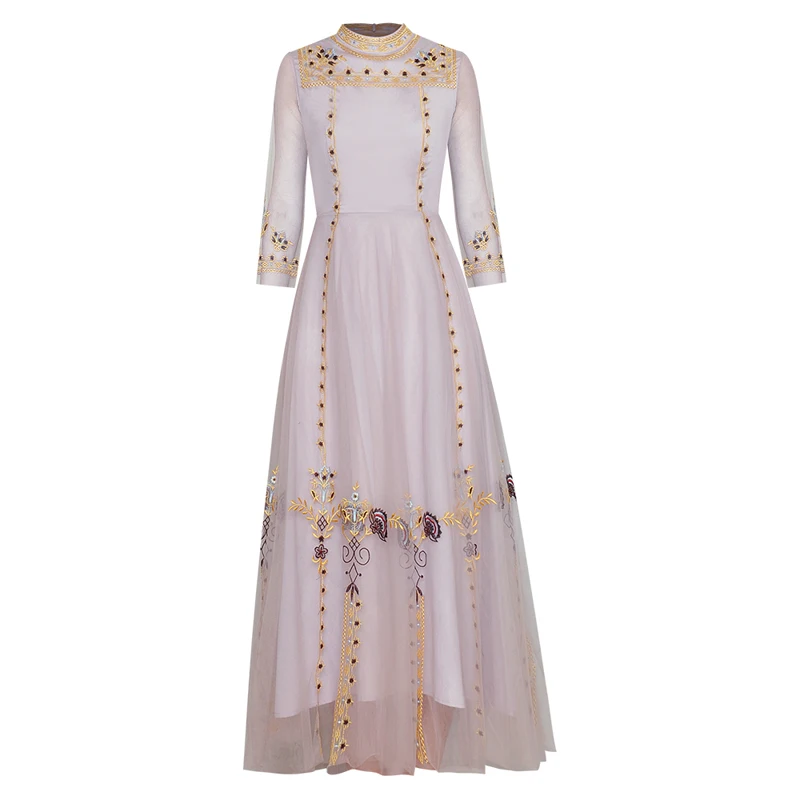 New HIGH QUALITY 2021 Fashion Designer Runway Dress Women's Stand Collar Long Sleeve Embroidery Gauze Long Dress