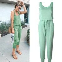 2020 sexy sleeveless solid belt jumpsuit women summer casual pocket basic long romper slim beach jumpsuits trousers overalls new
