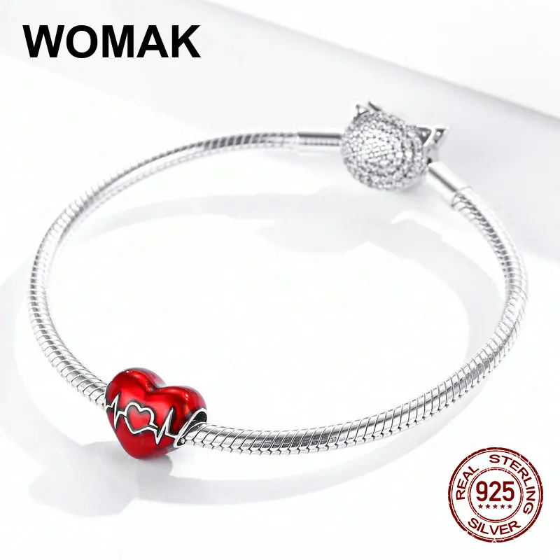 Бусины из серебра 100% пробы с красной эмалью в форме сердца для браслета |