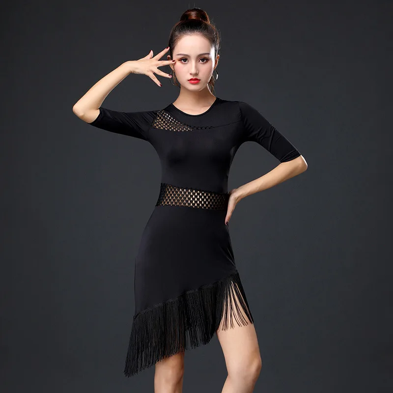 

Adult Tassel Fashion Latin Dance Dress Sexy Black Modern Dance Competition Costumes Professional Rumba Tango Performance Wears
