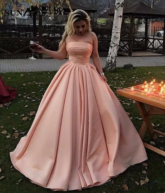 

2020 Blush Pink A Line Evening Dresses Sexy Strapless Satin Floor Length Prom Dresses Abendkleider Dresses Evening Formal Dress