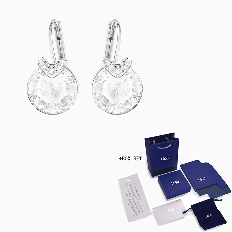 

Fashion SWA new BELLA V hollow earrings platinum exquisite transparent V round crystal shape girl trend romantic gift