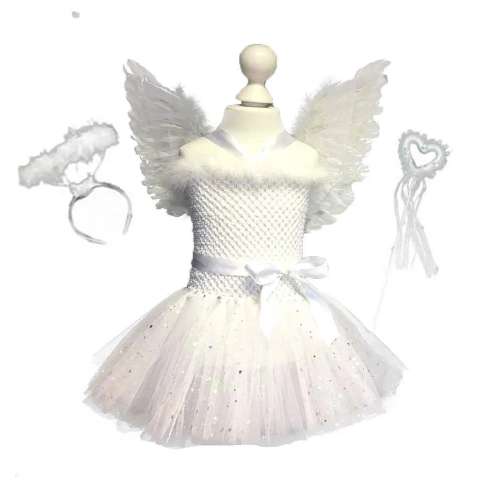 Белое блестящее платье пачка с перьями и Ангелом для девочек на день рождения