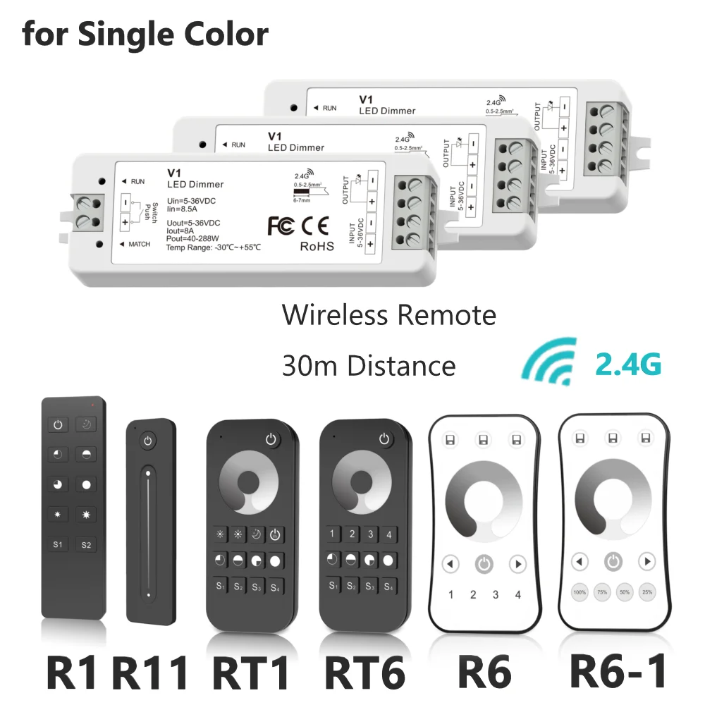 

V1 DC 5V/12V/24V 8A PWM Wireless LED Dimmer Controller Switch +Touch RF Remote for Single Color COB 5050 3528 Dimming LED Strip