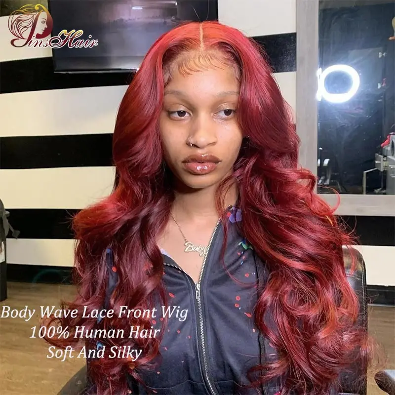 Lace Front Human Hair Wigs For Women Pre Plucked Brazilian Red Burgundy Body Wave Lace Front Wig Remy Hair 180%