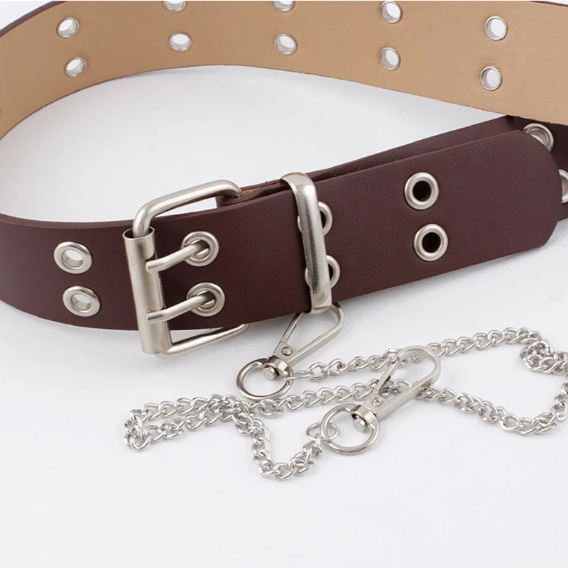 

Women Belt PU Leather Pin Buckle Belt Punk Style with Metal Chain Fashion Waist Belt Black/Coffee K2