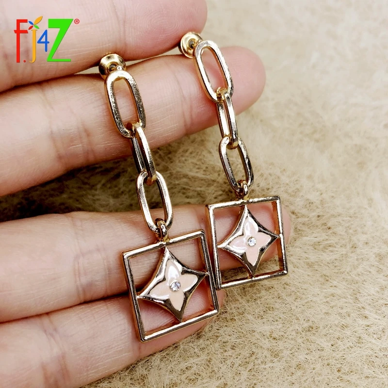

F.J4Z New Trend Curband Chain Earrings for Women Simply Square Pendant Enamel Flower Statement Earring Lady Jewelry Gifts