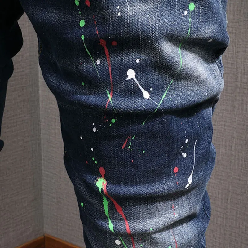 European American Street Style Fashion Men Jeans Retro Blue Slim Fit Painted Designer Jeans Men Hip Hop Cotton Denim Punk Pants