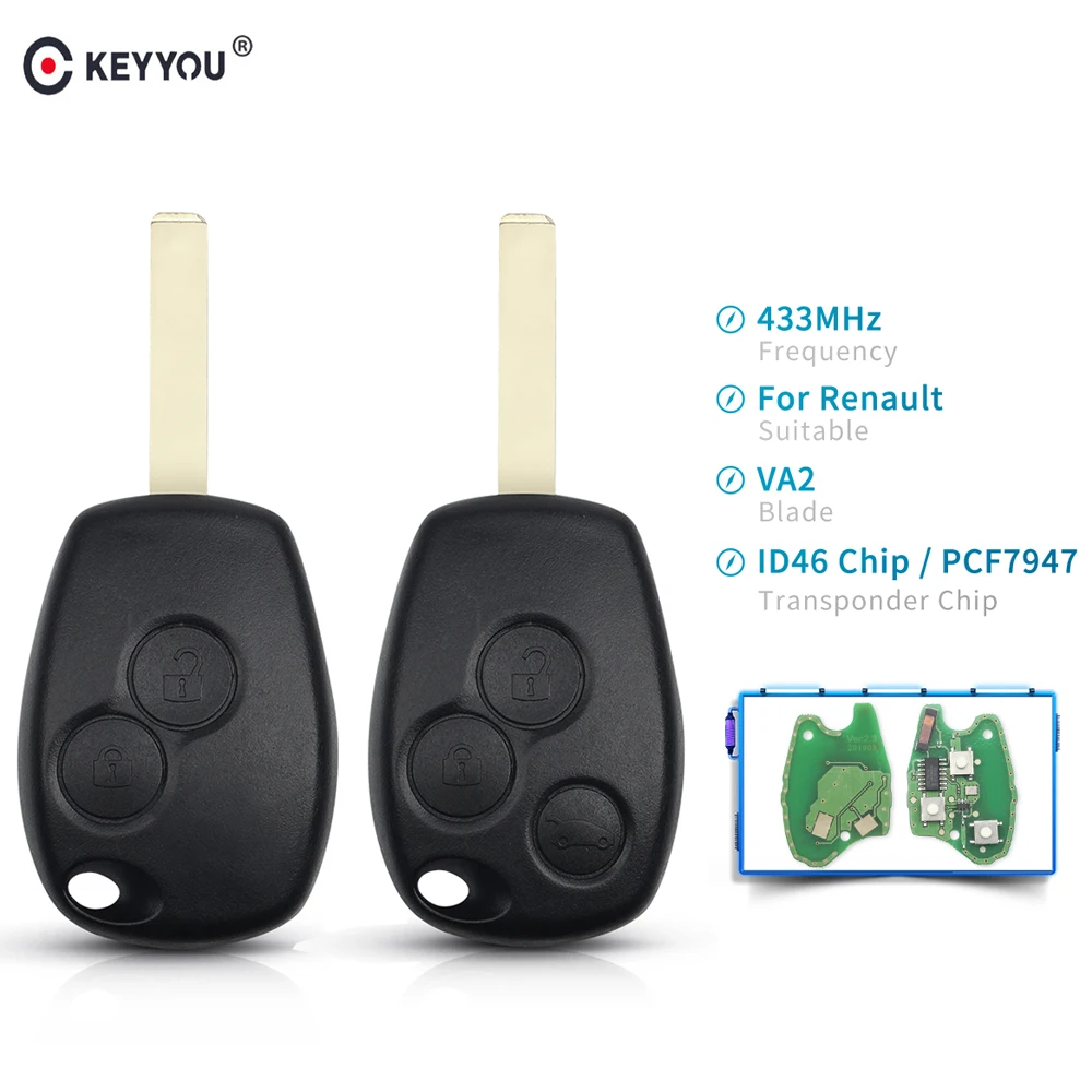 

KEYYOU 2 Buttons Keyless Remote Control Key Fob 433MHz with PCF7947 Chip For Renault Clio Kangoo Master Modus Twingo