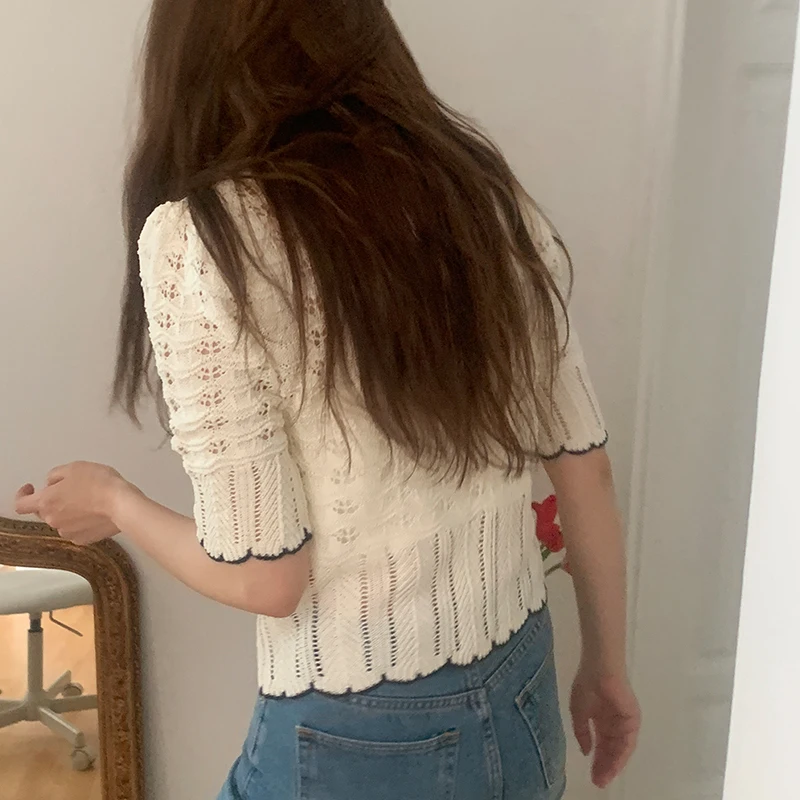 

RUGOD 2021 French retro heavy industry hollow crochet doll collar collar short-sleeved sweater women