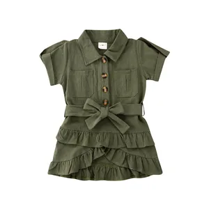 Летняя детская одежда для девочек; Рубашка с отложным воротником однобортный жилет, куртка с карманами для детей ясельного возраста армейского зеленого цвета Многослойные оборки плиссированные платья От 2 до 7 лет