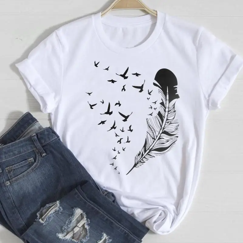 

Women Feather 2021 Vintage Clothing New Fashion Cartoon Summer Graphic T Top Lady Print Tee Female Tshirts Clothes T-Shirt