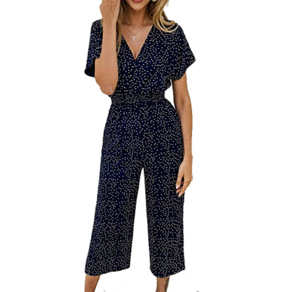 

Imcute Women Fashion Small Dots Printed Jumpsuit Summer Casual Wrap V Neck Short Sleeve High Waist Casual Long Romper Pants