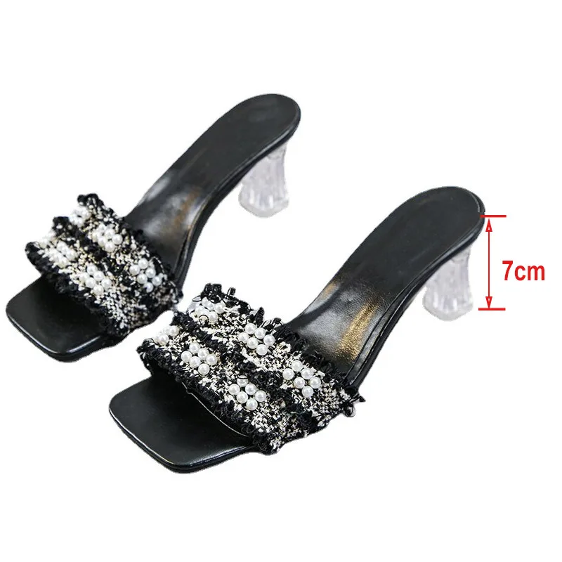 

Designer Fashion Sandals And Slippers With Pearls For Women New 2021 Summer String Bead Square Toe Transparent High Heels Slides
