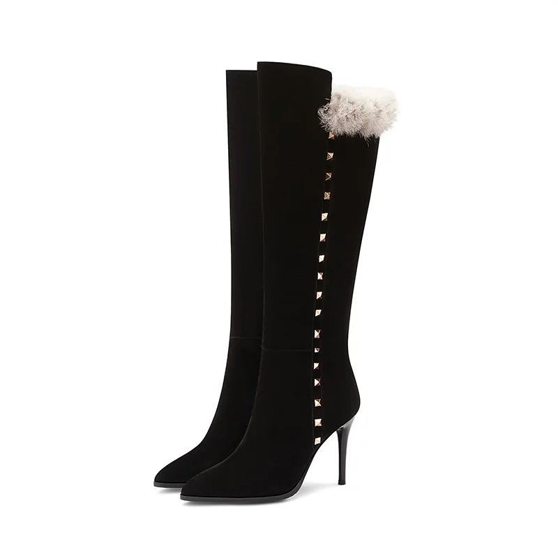 

Top Quality Genuine Leather Knee High Boots Leather Concise Female Pointed Toe High Heels Pumps Party Shoes Woman