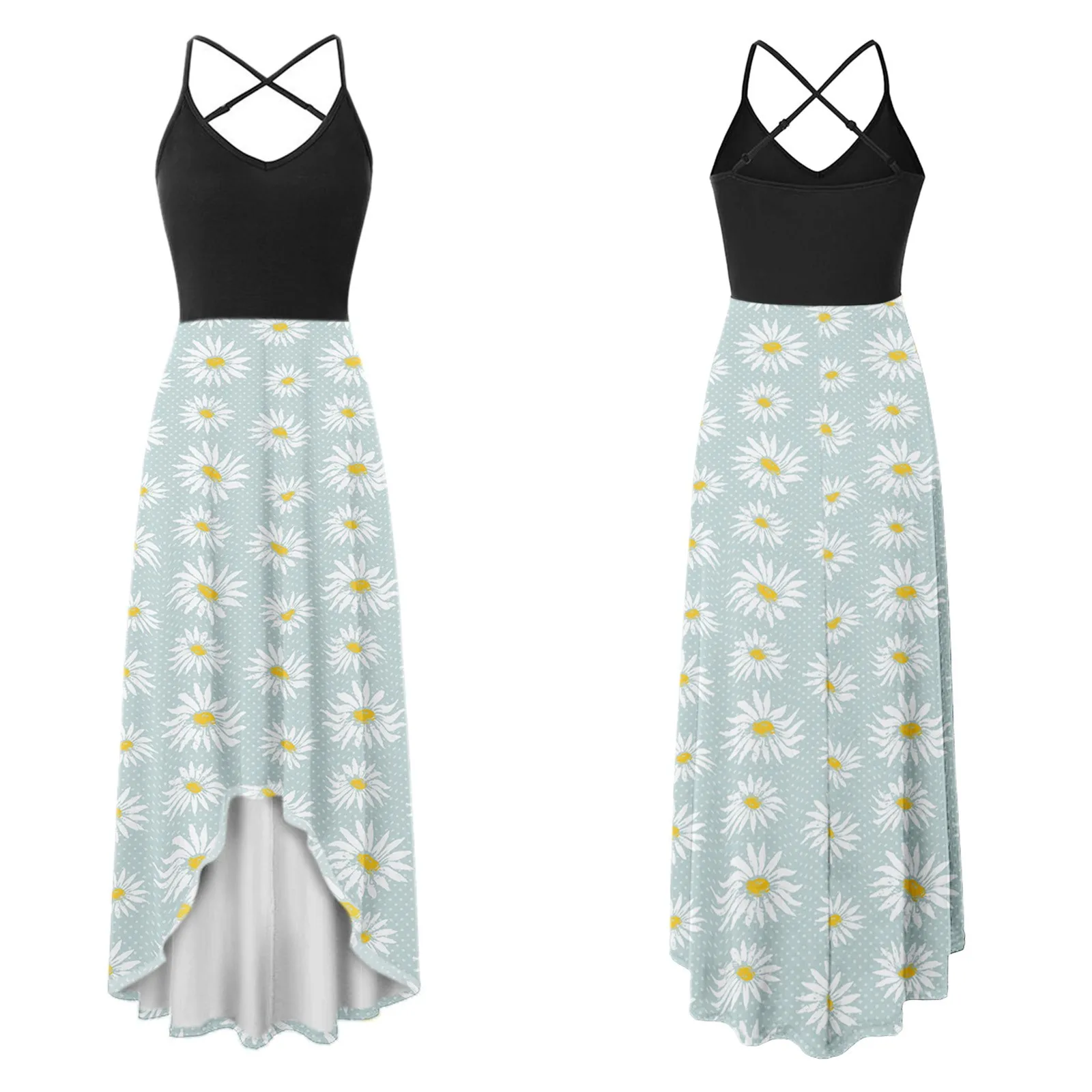 

2021 Summer Women Maxi Dress Fashion V-Neck Elegant Irregular Hem Prints Long Party Dress Loose Spaghetti Strap Dress#35