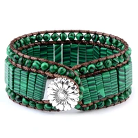 chanfar hot sale style malachite stones double leather wrap bracelet beaded stainless steel flower buckle for men and women
