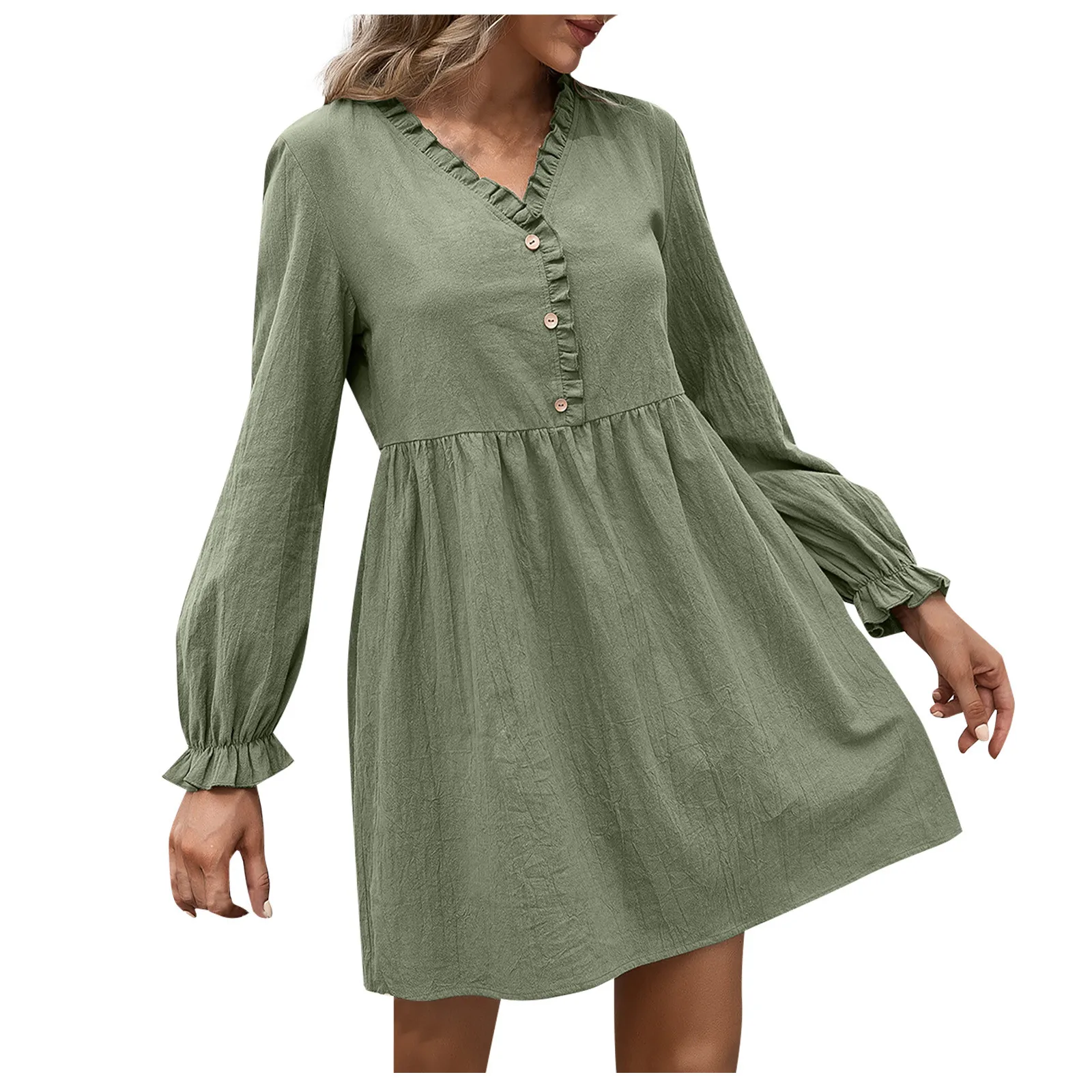 

Ruffle Woman Dress V-neck Button Ruffle Long Sleeve Knee-length Mini Dress Sweet Small Fresh Casual Women Dresses Ropa Mujer