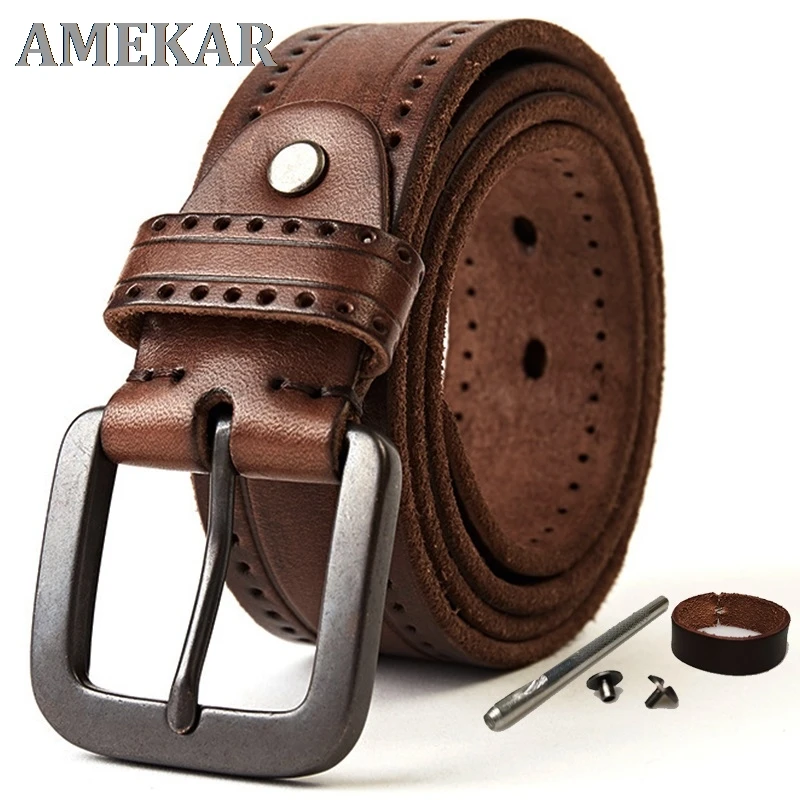 

Natural Leather Belt Men's Hard Metal Matte Buckle Men's Original Leather Belt 100-150cm Jeans Belt Screw Accessories