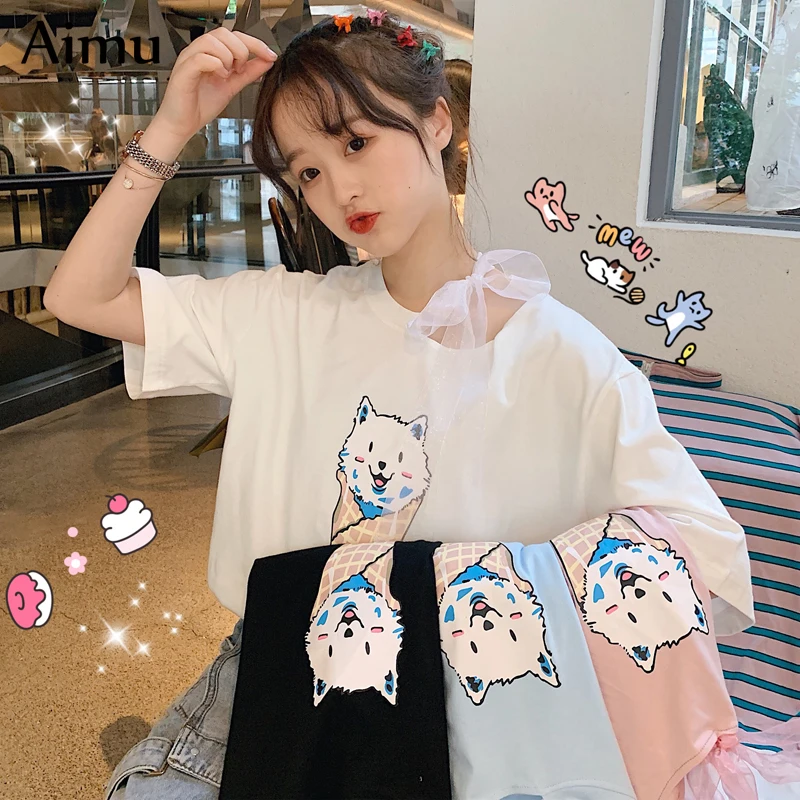 Harajuku Ulzzang, большие размеры, футболка, японский мультфильм, аниме, принт, футболки, лето, женская футболка с коротким рукавом, повседневные кавайные Топы