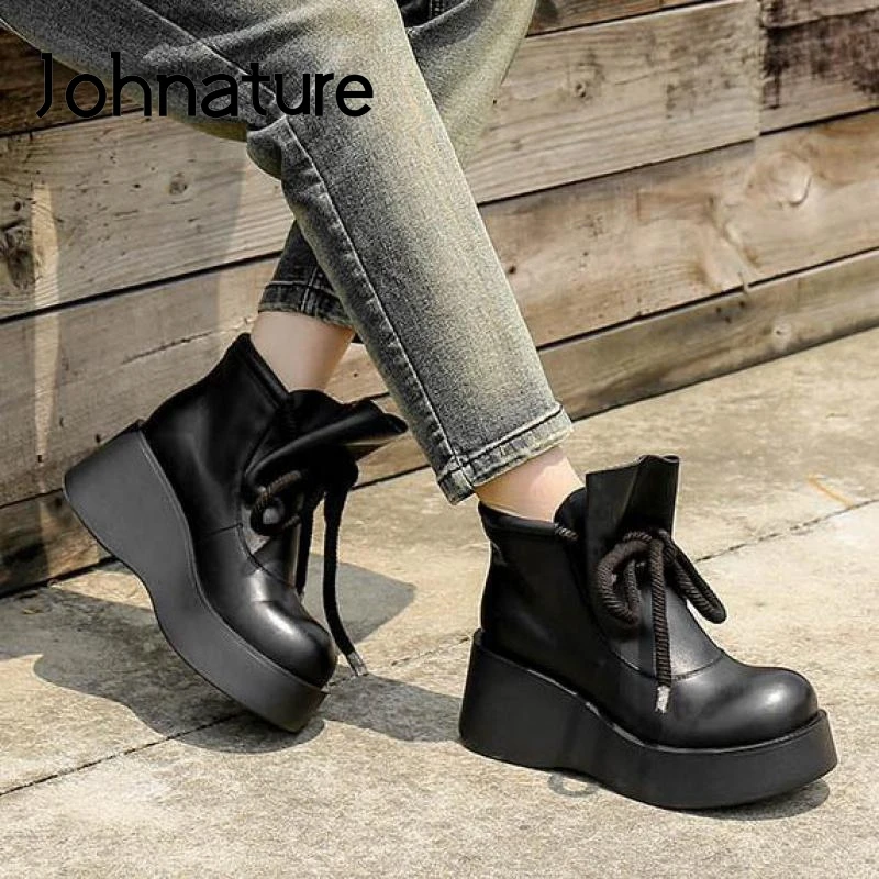 

Johnature Ankle Women Boots Winter 2022 New Women Shoes Genuine Leather Lace-up Wedges Round Toe Handmade Concise Platform Boots