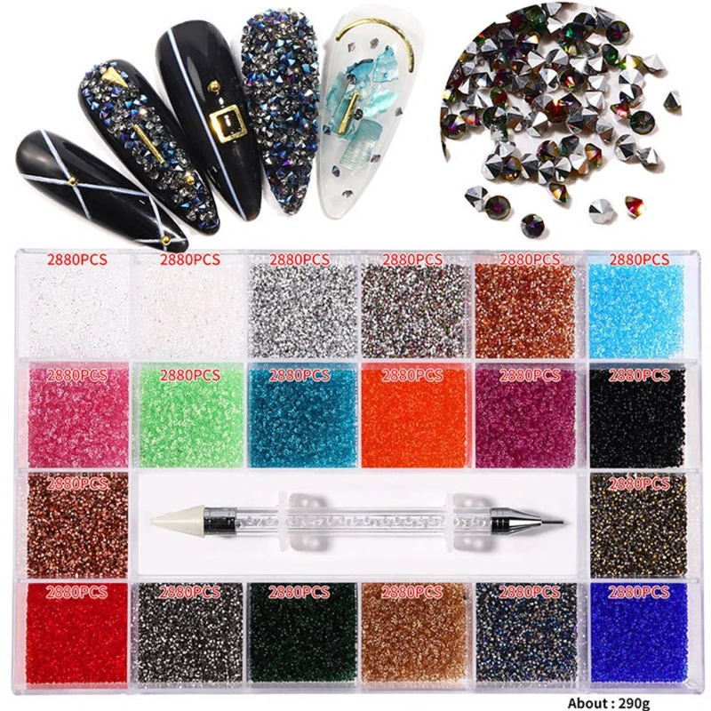 

27RC 21 Grids Nail Rhinestones Set Multi Shapes Glass Crystal Jewels Rhinestones for Nails Art Decorations with Wax Pencil