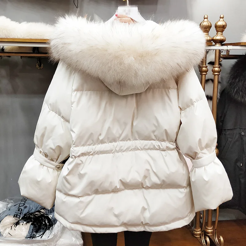 2020 Winter Raccon Fur Hoody Cream Beige White Duck Down Coat Women Jacket
