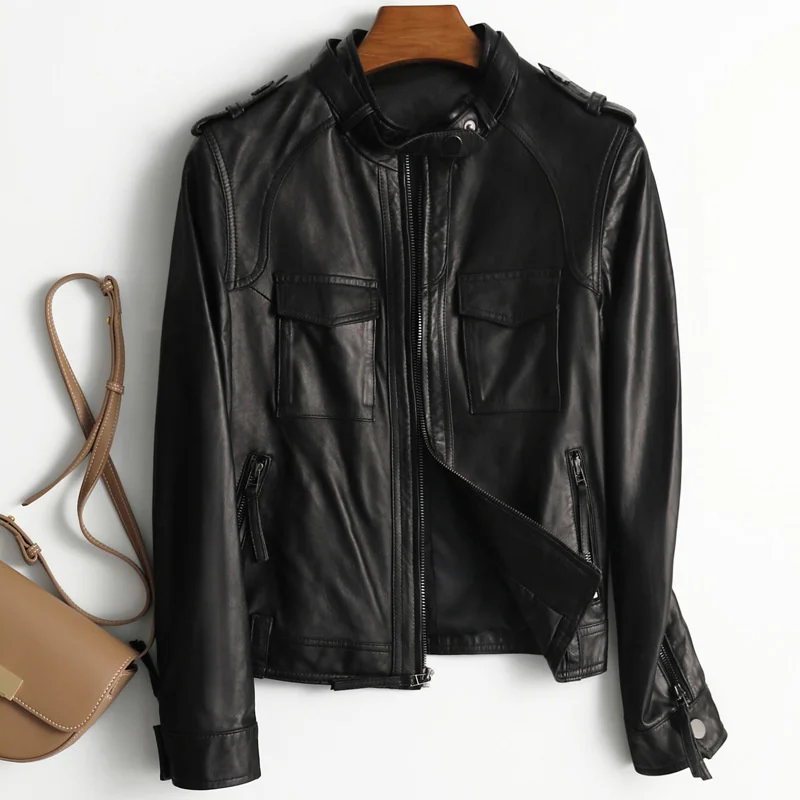 

Leather leather women's short 2021 autumn new sheepskin motorcycle suit stand collar jacket top Slim small coat