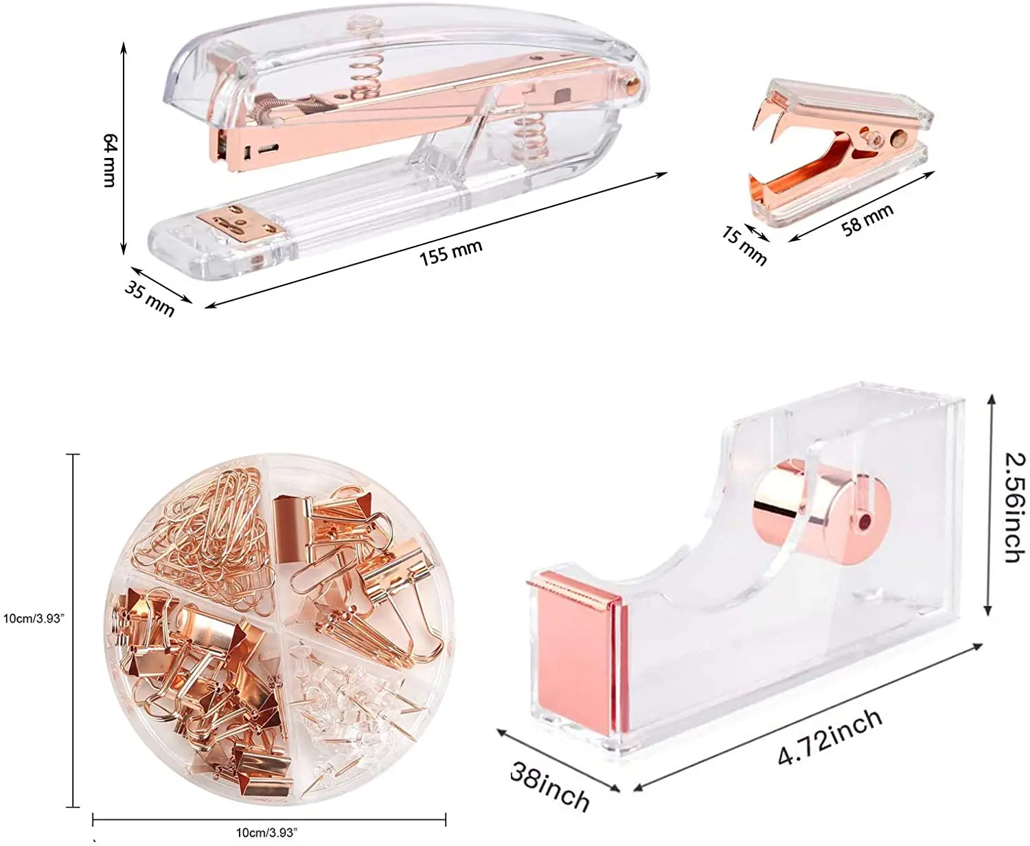 

Rose Gold Stapler Staple Remover Staples Tape Dispenser Binder Clips and Paper Clips Office Supplies Set Office Desk Accessories