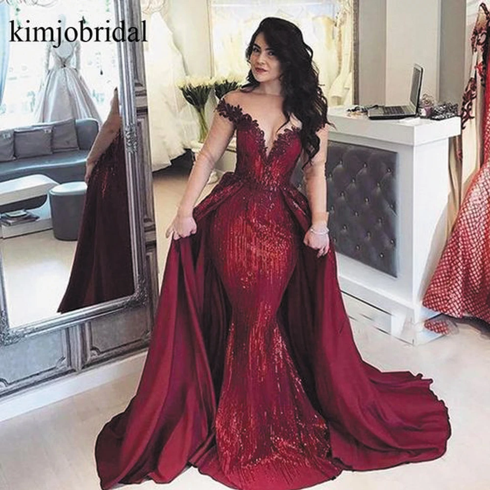 

SuperKimJo Vestidos De Gala Burgundy Prom Dresses with Detachable Skirt Sparkly Elegant Lace Applique Elegant Prom Gown