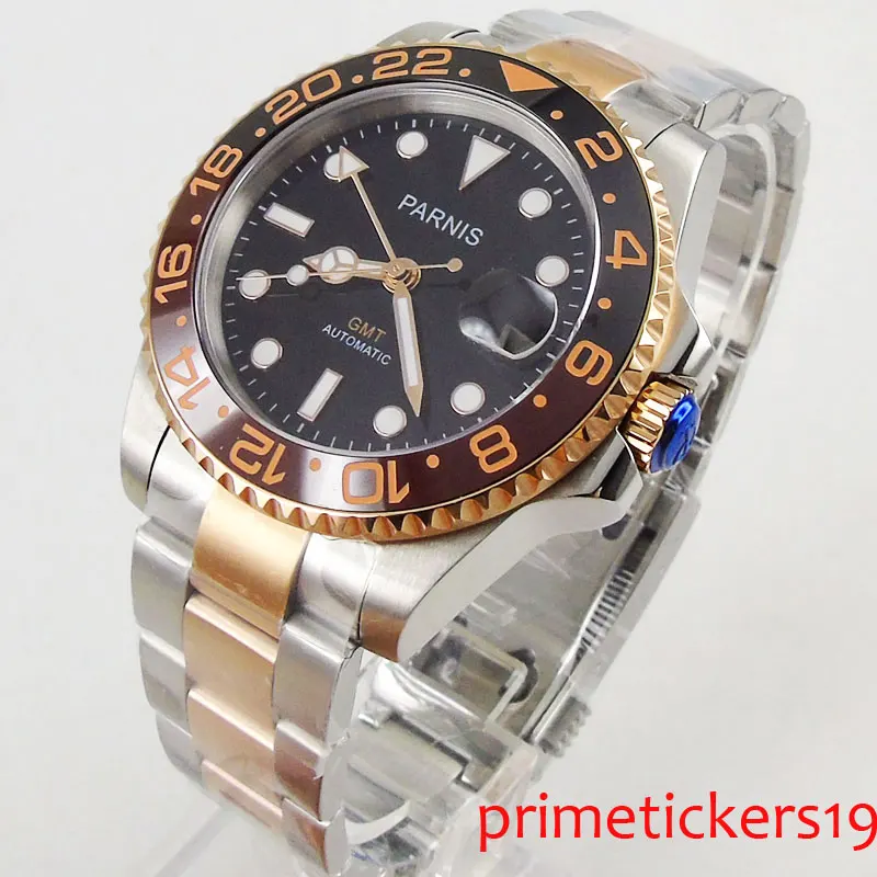 

Luxury 40mm PARNIS black dial GMT date display golden plated strap sapphire glass automatic movement men's watch PA1205