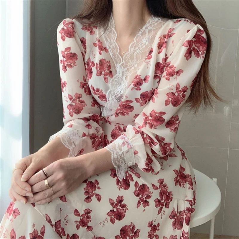 Платье BGTEEVER женское кружевное с V-образным вырезом и цветочным принтом шифоновое
