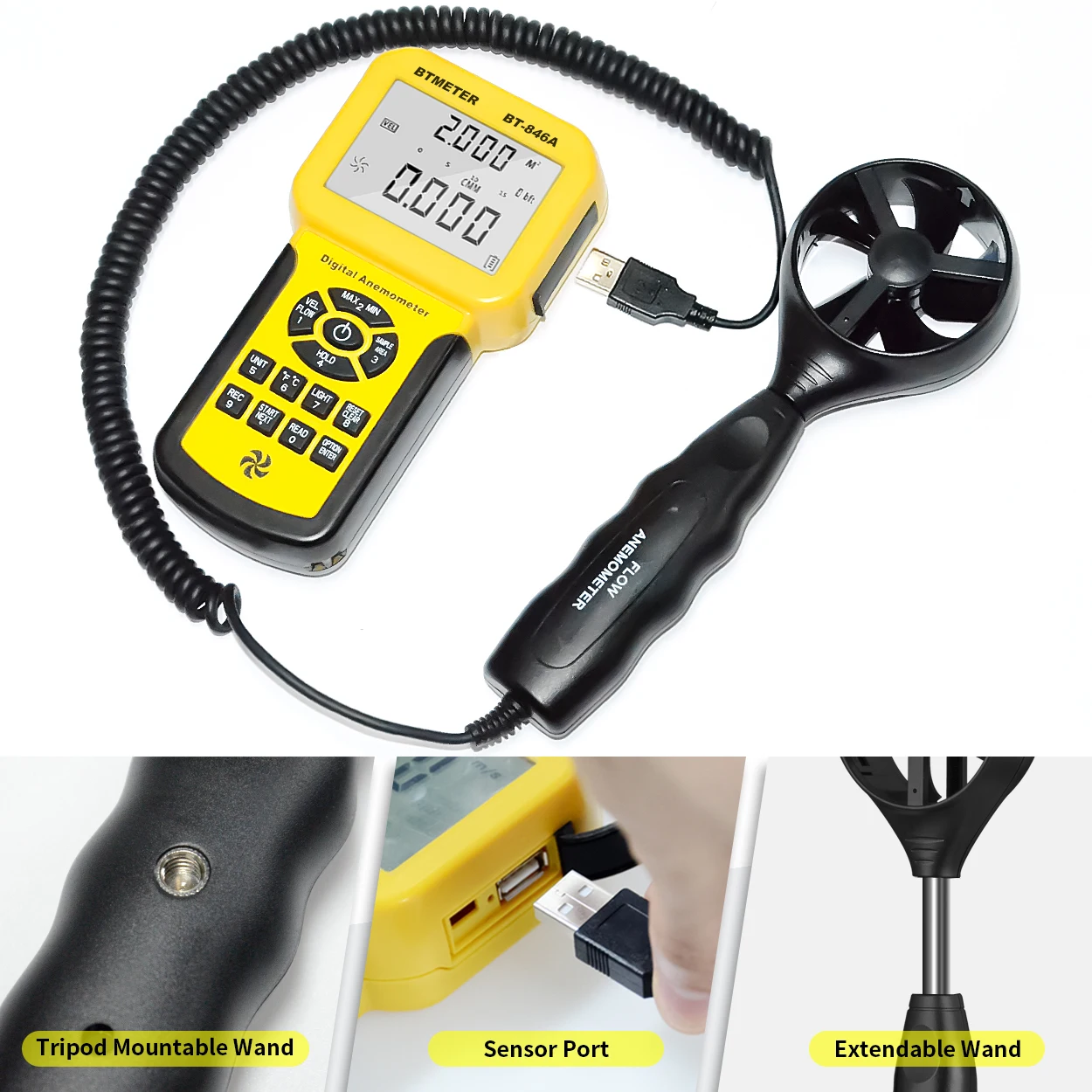 Фото BTMETER 846A Pro Анемометр HVAC Измерение скорости ветра Тестер температуры ветра CFM Измеритель скорости потока воздуха с подсветкой №3