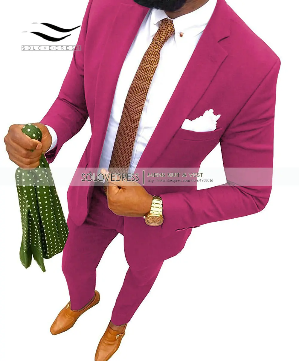 Fuchsia Новинка, кофейный мужской костюм, модный, 2 предмета, с отворотом, плоский, приталенный, смокинг, Женихи, мужской блейзер для свадьбы, выпускного, вечерние - Цвет: Fuchsia