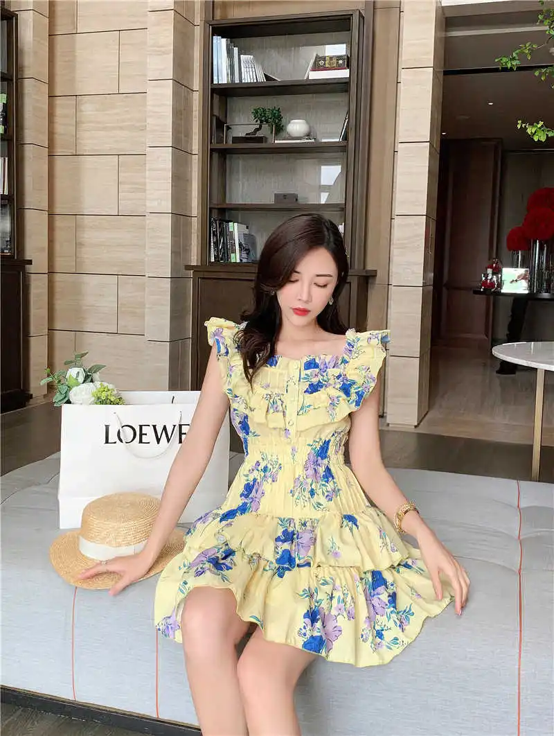 

Sundress Women Beach Sleeveless Vintage Boho Mini Dress Sexy Runway 2021 Backless Party Print Floral Summer Ruflle Print Floral