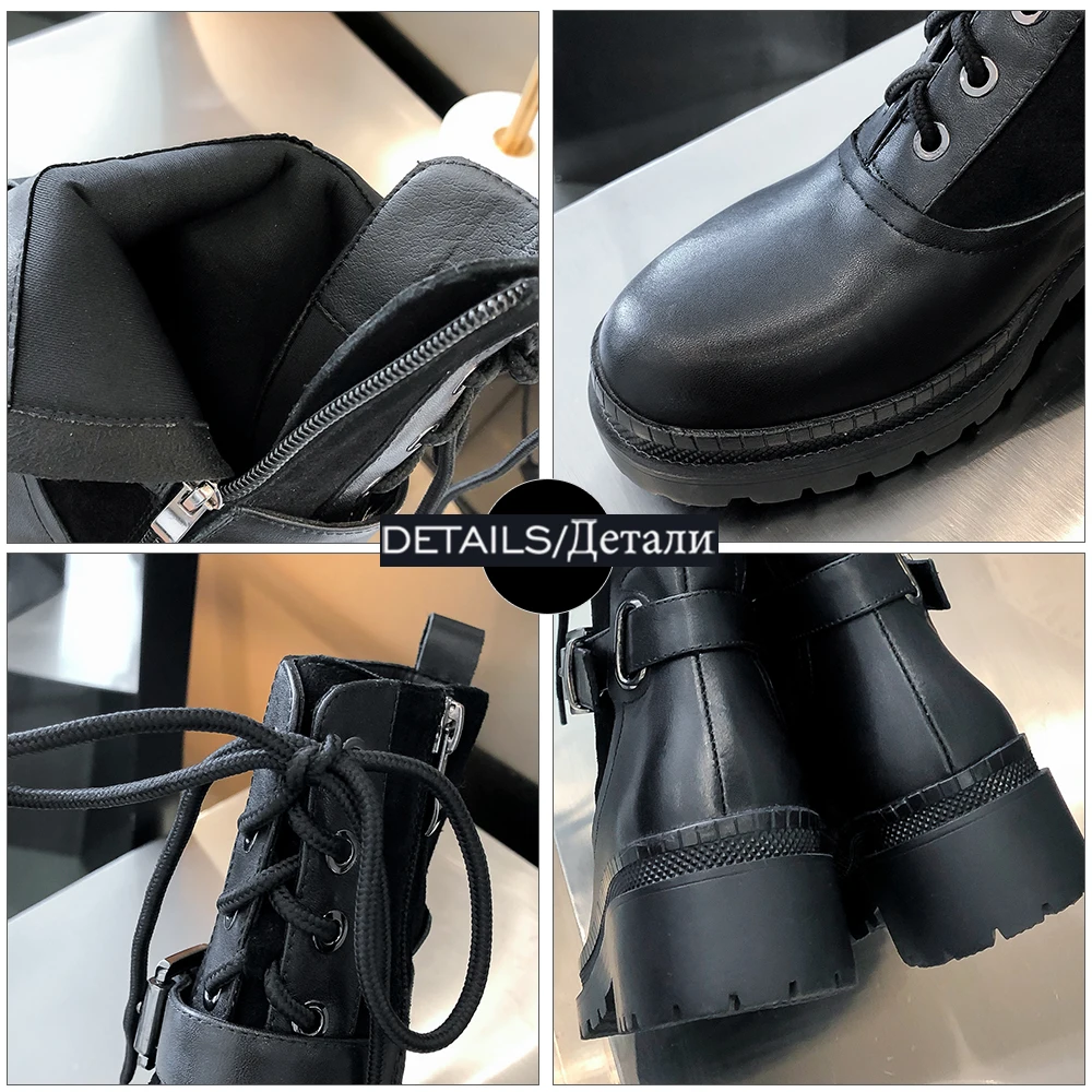 

WETKISS Genuine Leather Ankle Boots Woman Suede Buckle Strap Motorcycle Bootie Cross Tie Zipper Chunky Heel Shoes Women Platform