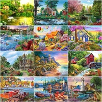 chenistory diy painting by number river bank houses landscape drawing on canvas pictures by numbers handpainted paintings art ho