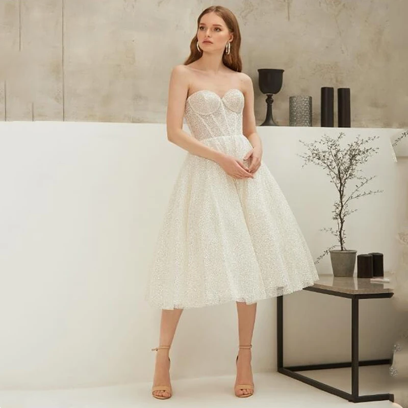 

Eightree Short Glitter Wedding Dresses Strapless A Line Princess Sweet Heart Bridal Gown Simple Dress Custom Size