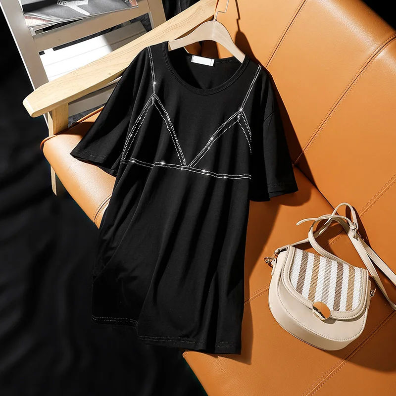 

Summer 2021 England style new Fashion Loose short-sleeved T-shirt for women personality Hot diamonds Round neck female tops