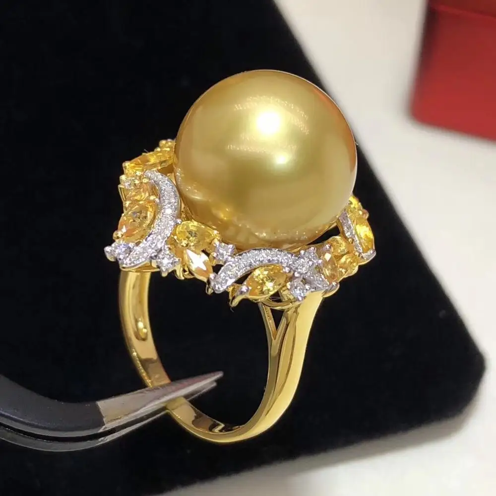 Женское кольцо с натуральным жемчугом 18 К желтое золото 13 14 мм|Кольца| |