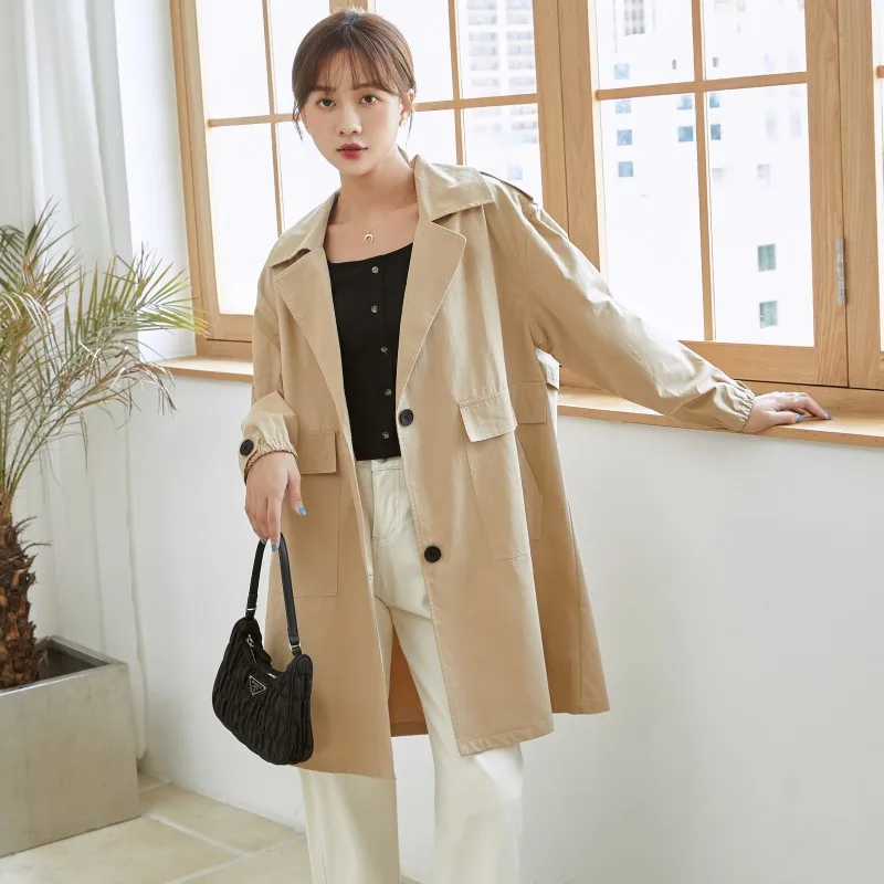 

2020 Autumn Korean Series Mid-length WOMEN'S Trench Coat Solid Color Plus-sized Loose-Fit Over-the-Knee Overcoat Woman Coat Tops