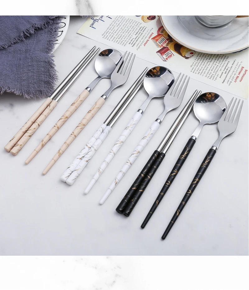 

Household Kitchen Tableware Marble Handle Stainless Steel Tableware Spoon Fork Chopsticks Three-piece Portable Tableware Set