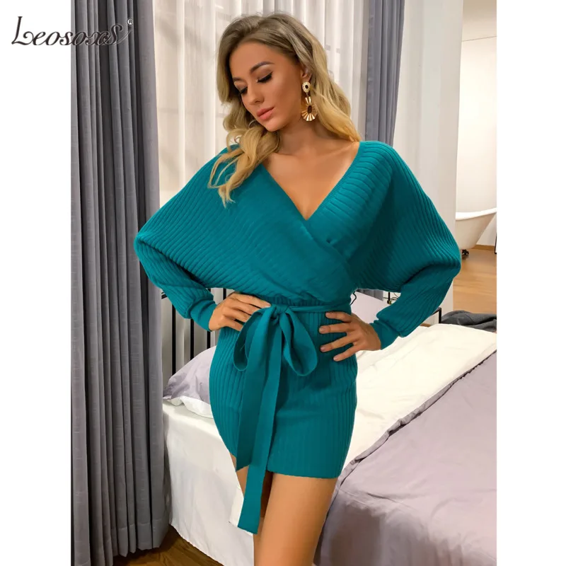 Вязаное однотонное осеннее пикантное платье LEOSOXS женские облегающие мини платья
