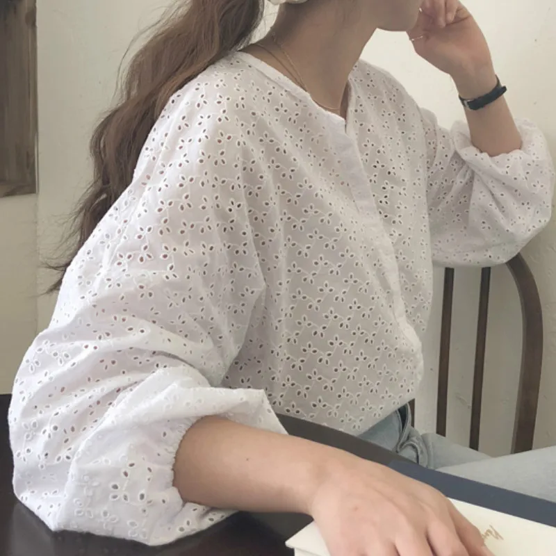 

Women Fall Hollow Out Lantern Sleeve Single Breasted Blouse O-Neck White Tops Shirt Boho Beach Summer Crochet Shirts Plus Size