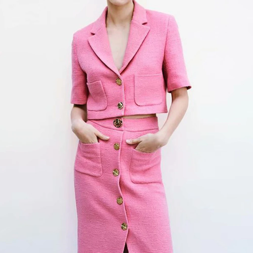 

Cropped Suit Coat Single Breasted Tweed Texture Vintage Women Fashion Blazer Long Sleeve Pockets Chic Outerwear