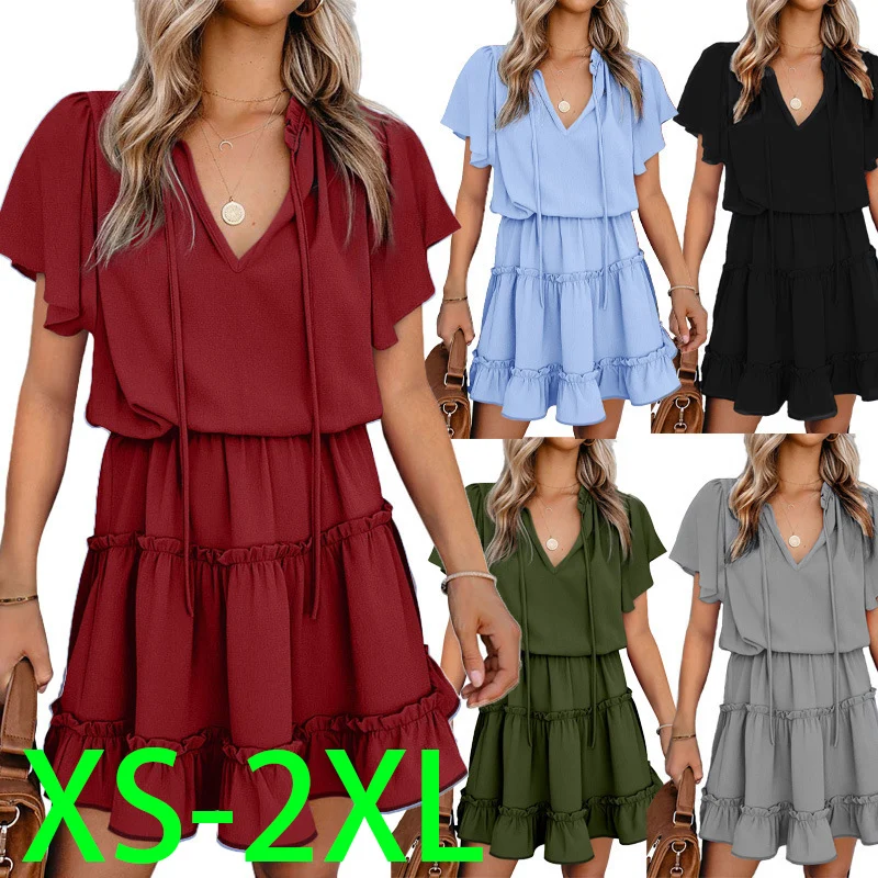 

Шифоновое платье с V-образным вырезом и коротким рукавом, летнее свободное повседневное однотонное простое платье средней длины, плявечерн...