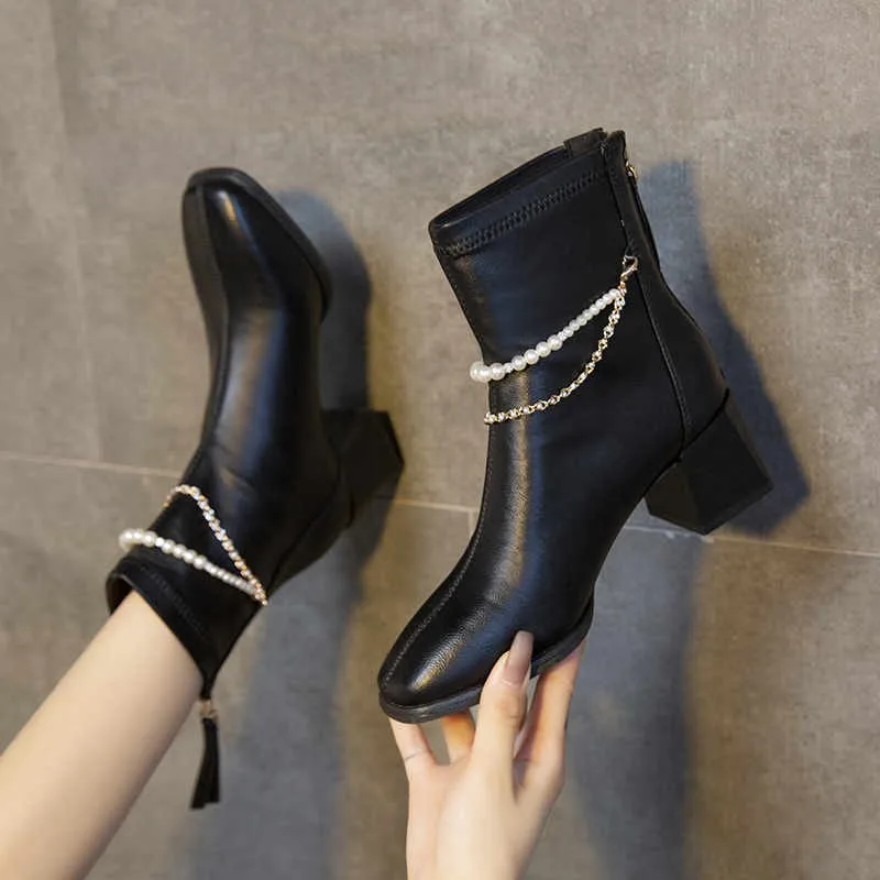 Brand Design Ladies Motorcycle Boots Fashion Lace-up Chain Thick Heel Casual Street Punk Couple Shoes Zapatos De Mujer