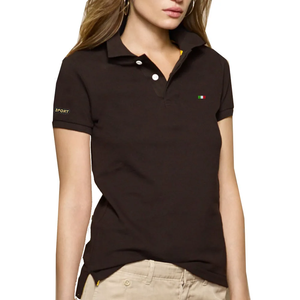 

New Ladies Summer Short Sleeve Lapel Polo Shirt Casual 100% Cotton Embroidered Flag Logo High Quality Slim T-shirt Top Tees 4XL