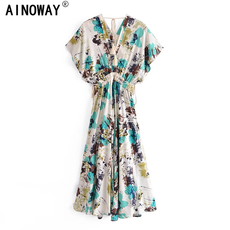 Женское пляжное платье с V-образным вырезом рукавом летучая мышь и бахромой |