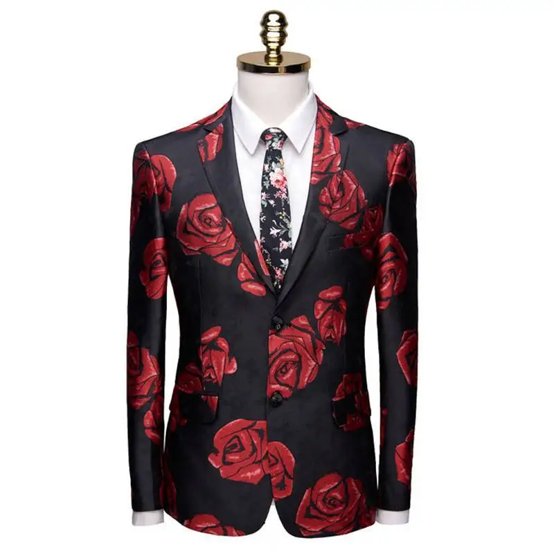 2021 style Red Rose Pattern Cotton Polyester Blazer With Notch Lapel And Flap Pockets Classic fashion mens wedding suit jacket